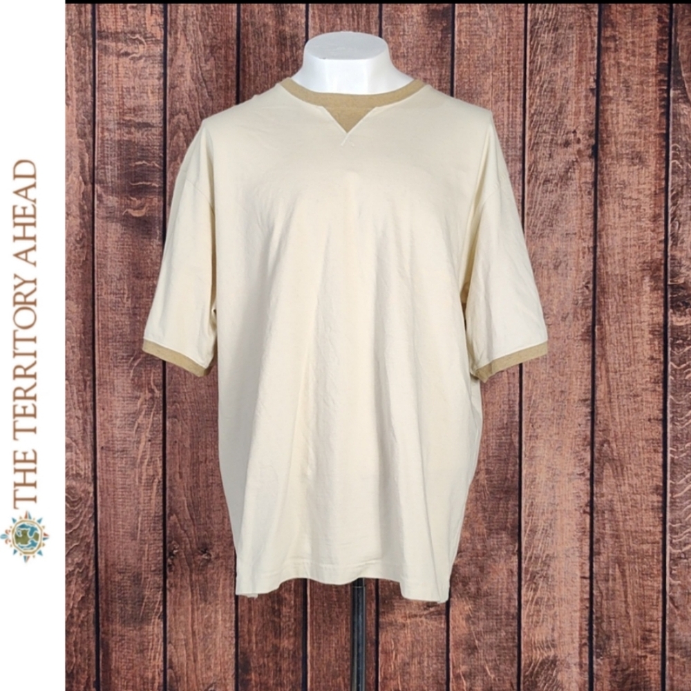 Vtg NWOT Mens Brown Trimmed Cream Crew Neck T Shirt